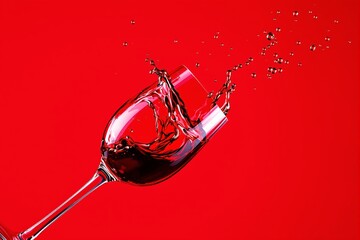 Poster - Splashing wine from a tilted glass on vibrant red background.