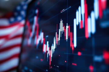 Poster - Financial market chart on a screen with American flag background.
