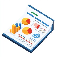 Poster - colorful financial report featuring pie charts and bar graphs on a white background.