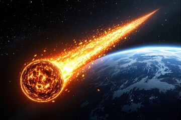 Poster - Fiery meteor blazing through space approaching Earth in dramatic cosmic scene.