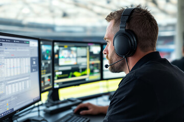 Aufkleber - Professional man working with multiple monitors in a control room.