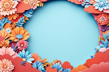 Poster - Colorful floral frame with vibrant paper-style flowers on a blue background.