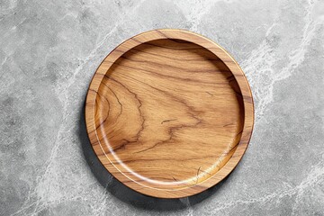 Poster - Wooden plate on a marble textured background, showcasing clean and natural design concept.