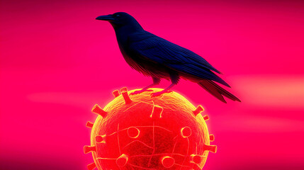 Bird flu mutation avian virus. A crow perched on a glowing virus model against a vibrant background.