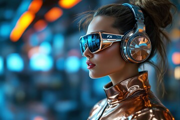 Poster - Woman in futuristic outfit with metallic glasses and headphones on blurred neon background.