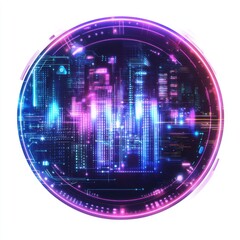 Poster - Vibrant digital cityscape with neon hues, illustrating advanced technology and data flow in a futuristic design.