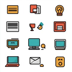 Poster - Colorful flat design icons representing digital communication and technology.