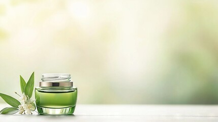 Wall Mural -  A green glass jar with a silver lid sits on a white table alongside a white flower, with a slightly blurry background