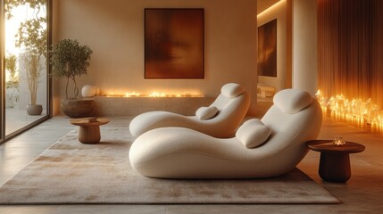 Poster - Curved, soft seating pieces create a cozy atmosphere in a modern lounge. The space is warmly lit, featuring natural elements and subtle decor for relaxation.