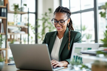 Aufkleber - Businesswoman working on a laptop in a bright office environment.