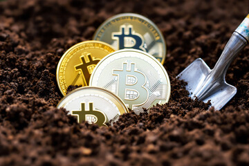 Poster - Bitcoin coins partially buried in soil with a shovel nearby, symbolizing cryptocurrency mining.