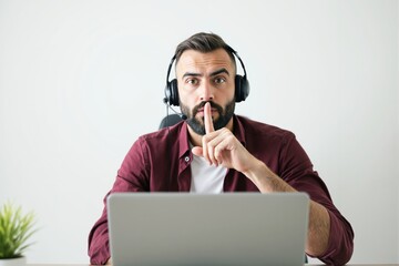 Aufkleber - Man in headset making hush gesture while working on laptop, sitting in light office environment.