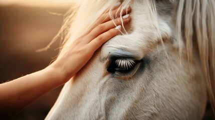 Sticker -   A photo of a person tenderly stroking a white horse's open eyes