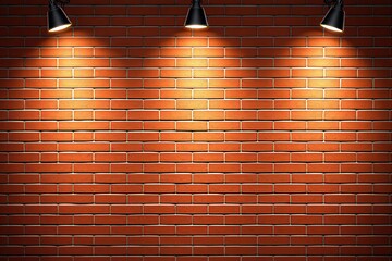 Poster - Illuminated red brick wall background with three spotlights, perfect for presentations or product displays.