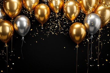 Wall Mural - Celebration balloons in gold and silver with confetti on black background.