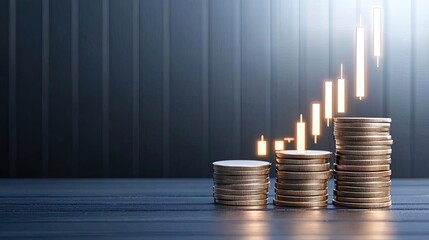 Poster - Illuminated stock market candles rise from a detailed chart, highlighted by soft light and a blurred background, capturing financial activity