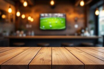 Aufkleber - Wooden table with blurred bar interior and TV on wall in background.