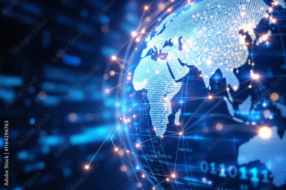 Abstract digital globe with glowing connections and binary code in blue ...