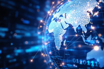 Poster - Abstract digital globe with glowing connections and binary code in blue light background.