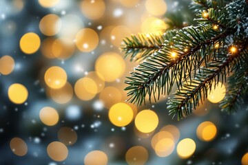Poster - Festive pine branch with glowing lights and snowy background.