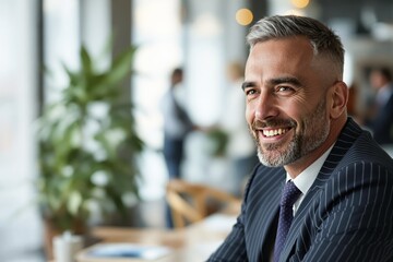 Wall Mural - Portrait of a professional man smiling in a modern office environment with natural light and a blurred background.