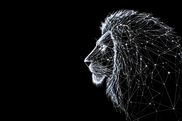 Poster - Abstract lion profile with glowing polygonal connections on black background.