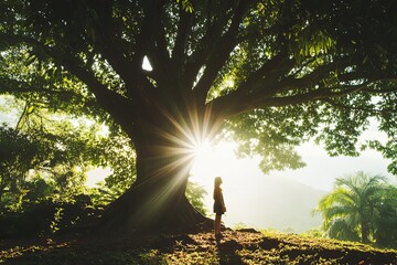 Poster - Woman Silhouetted Beneath a Majestic Tree in Sunlight