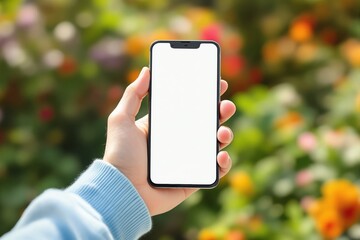 Poster - Blank smartphone screen held by hand on blurred floral background.