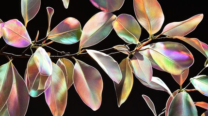 Wall Mural - Iridescent leaves branch, vibrant colors, dark background.