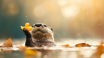 Wall Mural -   A sea otter holds a rubber duck with autumn leaves surrounding its body