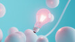 © Curioso.Photography - Glowing pink lightbulb surrounded by floating white spheres on a pastel blue background.