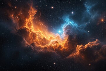 Poster - Cosmic nebula with vibrant orange and blue clouds surrounded by stars in deep space.