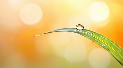 Wall Mural -   A lone droplet of water resting atop a verdant grass blade against a vibrant orange-yellow backdrop