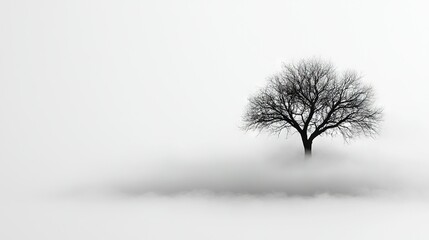 Poster -   A monochrome image of a lone tree standing amidst a hazy landscape, featuring only one tree in the frame