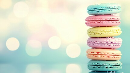 Wall Mural -   A stack of colorful macaroons sits atop a blue surface, with a blurry background