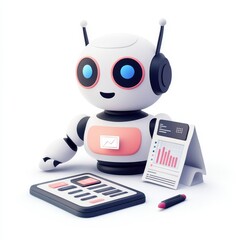 Poster - A friendly robot character assisting with financial analysis, featuring charts and a calculator.