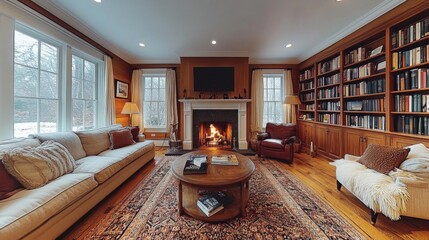 Poster - A warm living room features a crackling fireplace, comfortable seating, and bookshelves filled with books. Large windows let in soft winter light, adding to the inviting ambiance.