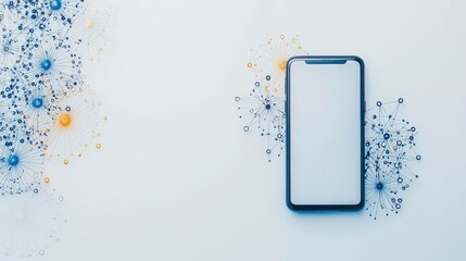 Poster - A blank smartphone on a vibrant background of abstract circles and lines, symbolizing connectivity and digital communication.
