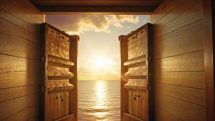Wall Mural - Serene Sunset Over Ocean Open Wooden Doors Frame Tranquil Landscape with Sunlight Reflecting on Sea Horizon, Embracing Natures Beauty.