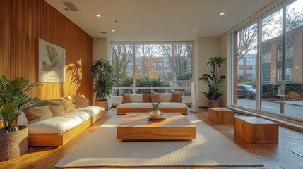 Aufkleber - Bright and inviting living room featuring wooden furniture, large windows allowing sunlight, and lush indoor plants. Ideal for relaxation and social gatherings.