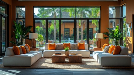 Poster - A stylish living room features large windows that provide a stunning view of palm trees and a pool area. Comfortable seating with bright cushions creates an inviting atmosphere.