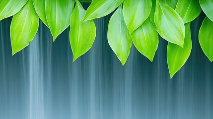 Wall Mural -   Close-up of green leaves on blue-green background, blurred waterfall in backdrop