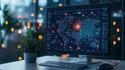 Poster - A modern workspace featuring a computer monitor displaying a global data map with vibrant bokeh lights in the background.