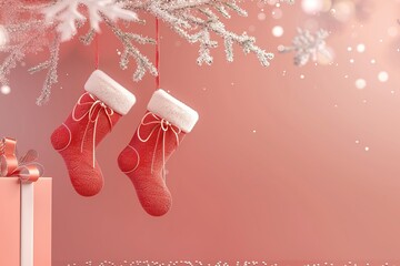 Santa Claus hats or boots hanging from the branches, 3d illustration of two light red gift boxes with bows and ribbons, isolated on light red background