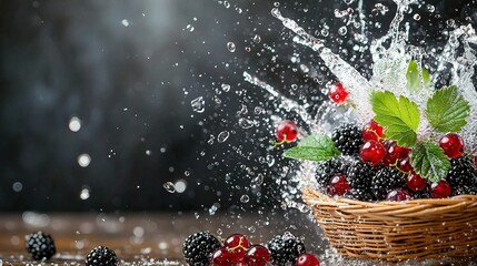 Wall Mural -   A basket brimming with blackberries and raspberries drenches in water as they spill from the top