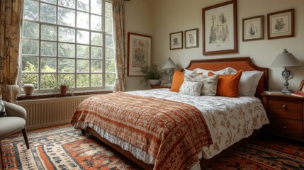 Aufkleber - A serene bedroom showcases a spacious bed adorned with vibrant orange pillows and a decorative throw. Bright natural light floods through a large window, illuminating the room.