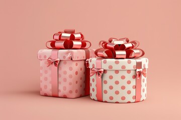 Sports-themed ornaments for the sports fan in the family, 3d illustration of two light red gift boxes with bows and ribbons, isolated on light red background