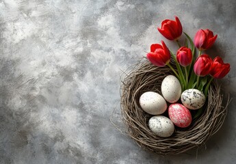 Easter Celebration with Colorful Eggs Nestled in a Twisted Wicker Nest Surrounded by Vibrant Red Tulips on a Softly Textured Gray Background