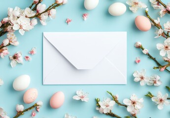 Wall Mural - Elegant Arrangement of Pink Eggs and Cherry Blossoms Around a Blank Envelope on a Soft Blue Background for Spring or Easter Celebrations