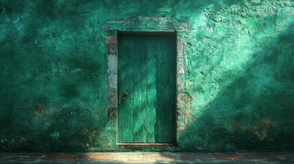 Poster - A weathered green door against a textured wall.